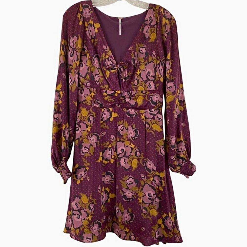 Free People $128 Morning Light Purple Plum Fall Floral V-Neck L/S Mini Dress 8